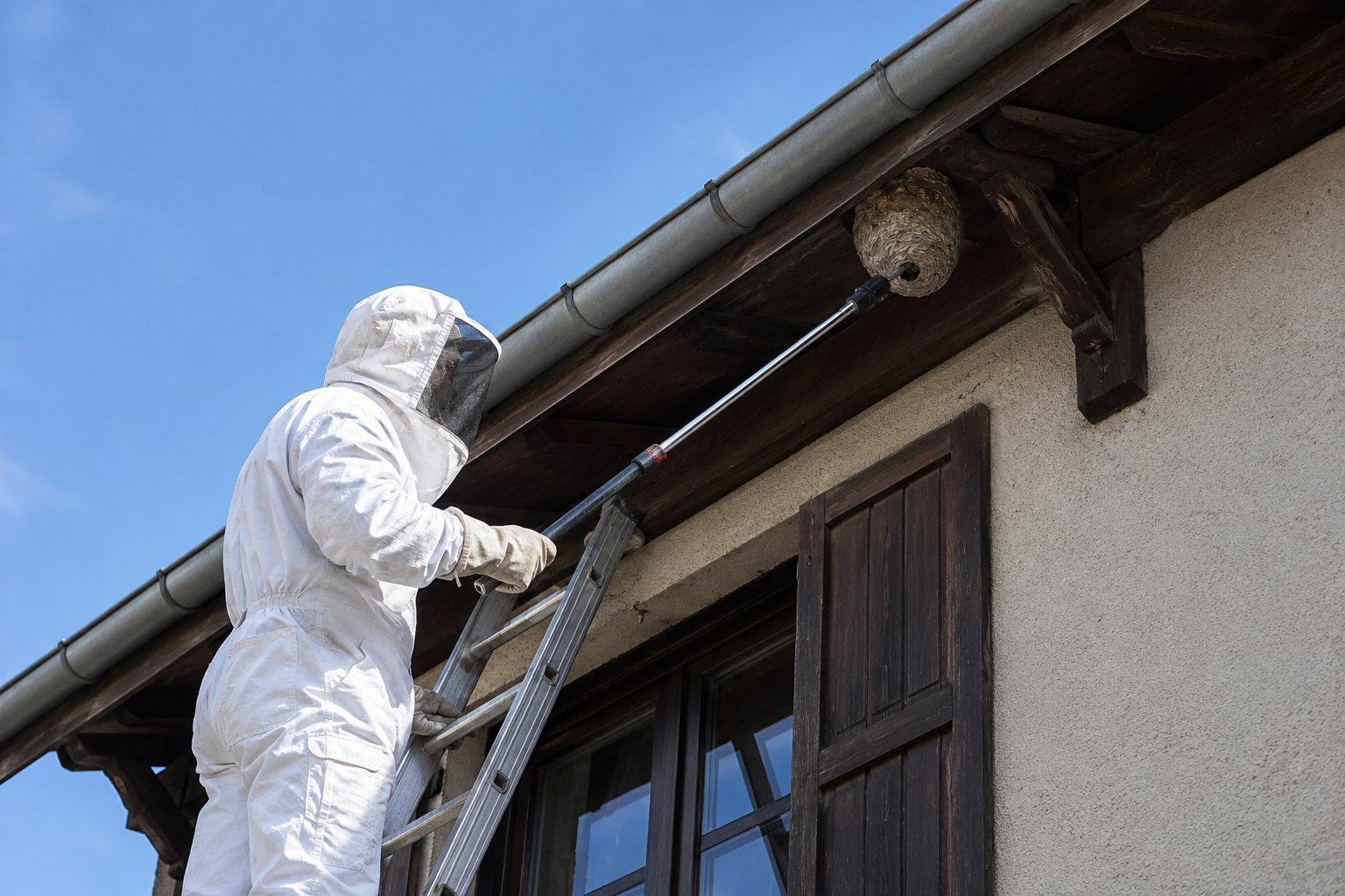 Professionnel en combinaison de protection près d'une habitation